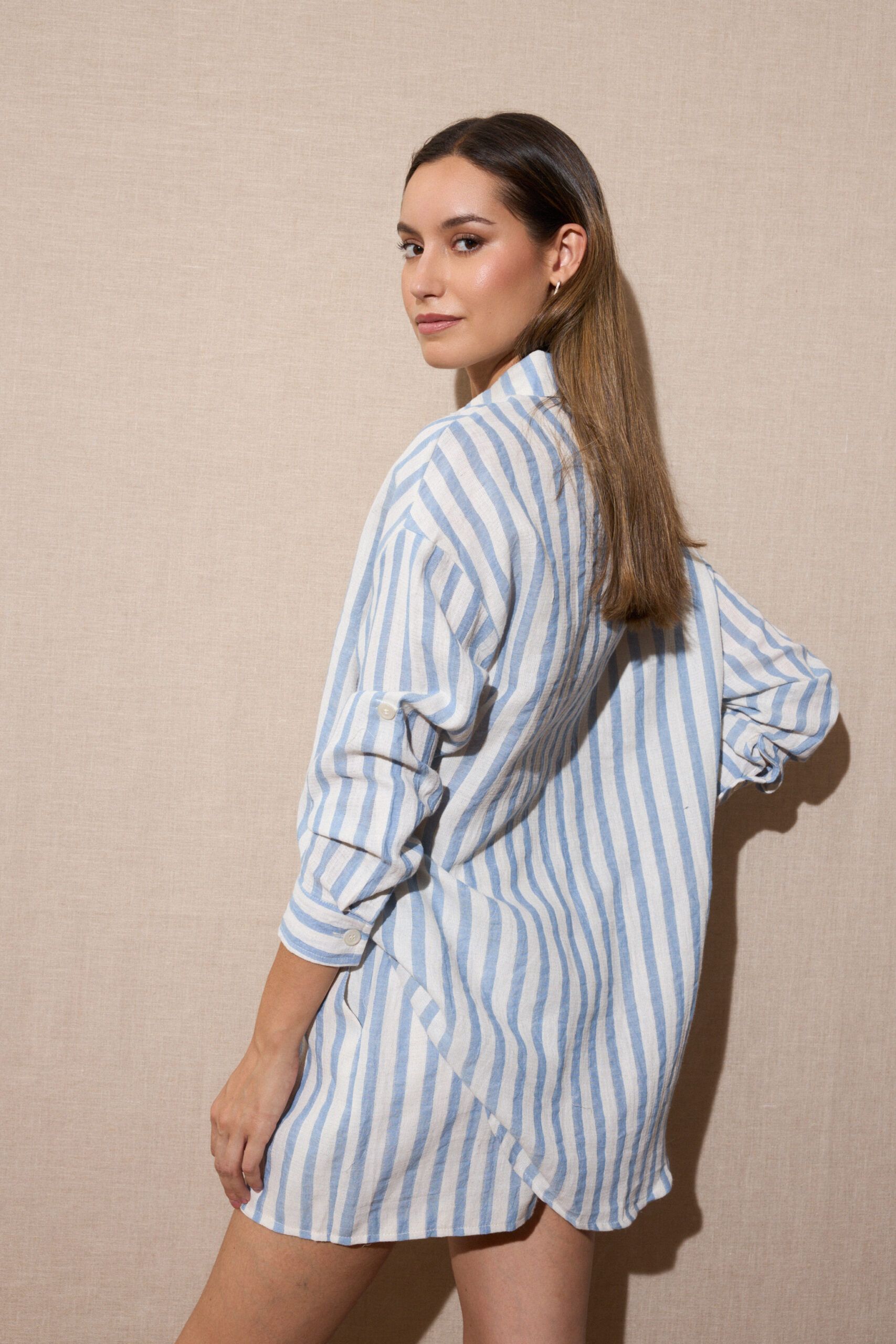 Camisa Lino Rayas Azul - Imagen 2